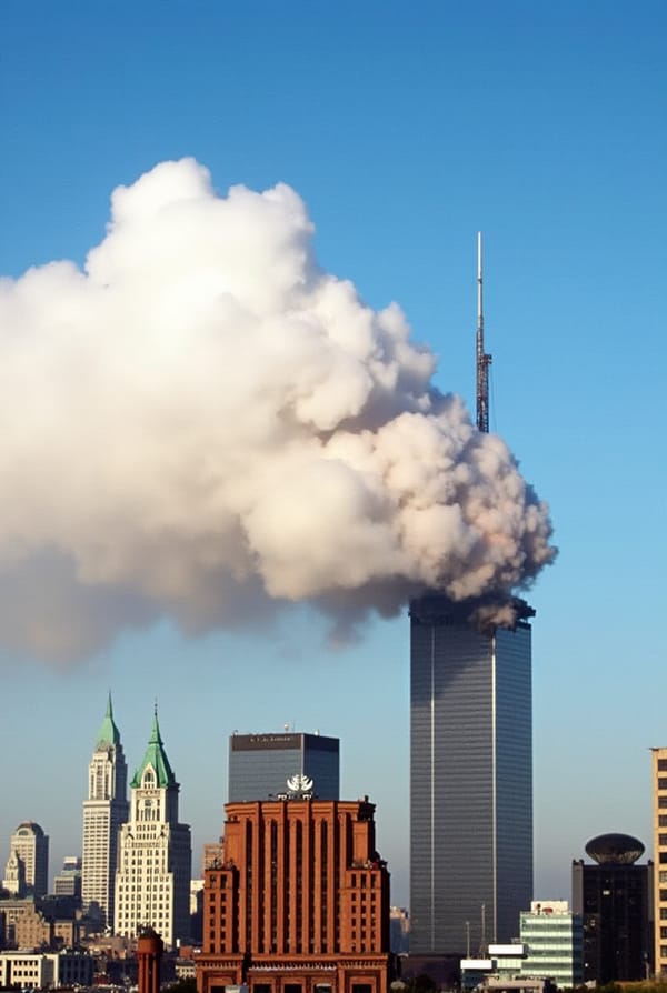 Un drammatico momento degli attacchi terroristici della mattina dell'11 settembre 2001 a New York