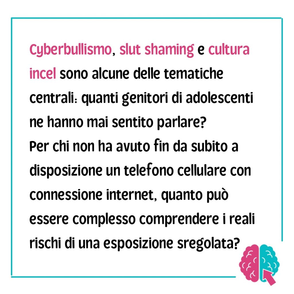 Slide 7 di Adolescence: testo sui rischi di cyberbullismo, slut shaming, cultura incel ed esposizione incontrollata a Internet.